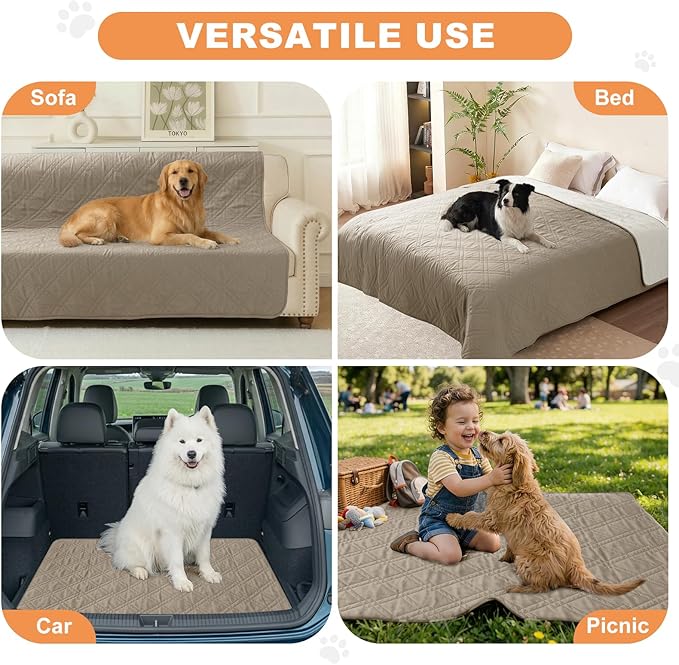 100% Waterproof Dog Couch Protector, Triple-Layer Waterproof Dog Bed Cover Pet Blanket Reversible 2-Tone Sofa Shield, Non-Slip Furniture Guard for Pets(82×92 Inch, Khaki+Off White)