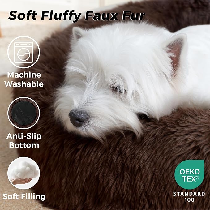 Calming Dog Bed & Cat Bed for Indoor Cats, Medium Size Washable Anti-Slip Anti-Anxiety Donut Dog Beds for Small Dogs & Cats, Fluffy Plush Cozy Round Dogs Beds(20 Inch, Dark Brown)