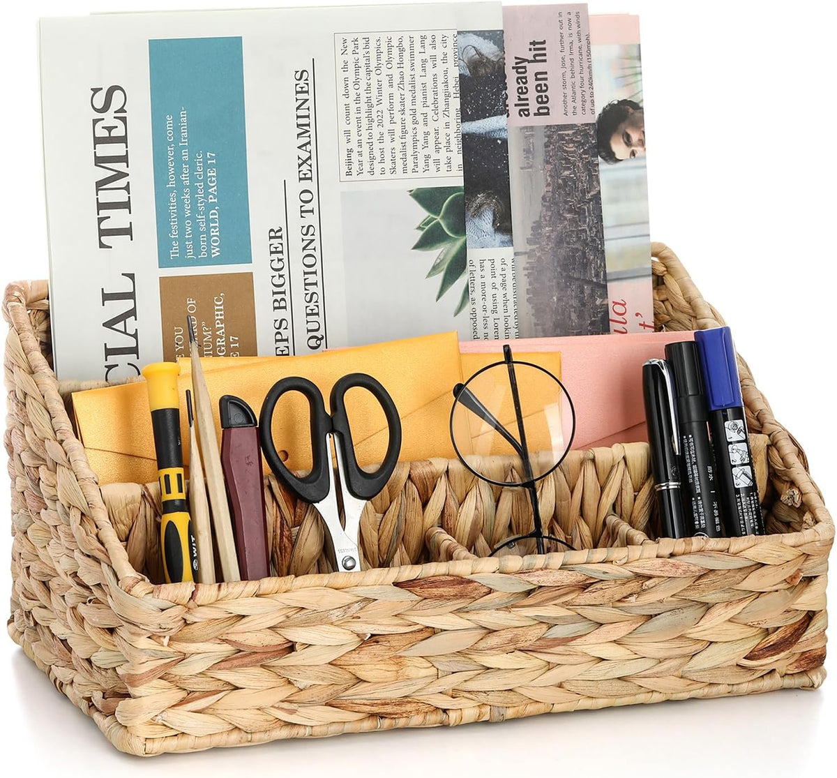 Desk Organizer – Countertop Mail Organizer, Magazine Holder, Boho Decor Water Hyacinth Desk Mail Holder for Home Office, Farmhouse, 12.6" L x 6.7" W x 6.3" H