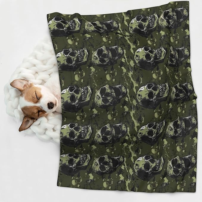 Waterproof Dog Blanket Soft Pet Blanket for Puppy Cat, Fleece Cat Throw Blankets for Furniture Bed Couch Sofa Reversible - Green Camouflage Skull 7