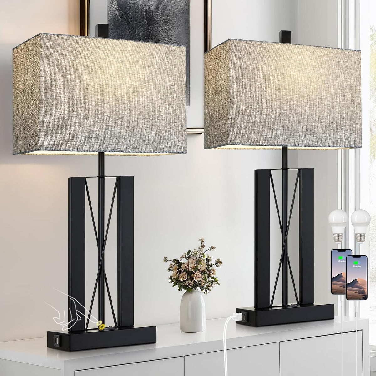 Lolikit 25" Table Lamps Set of 2, Modern Table Lamp for Living Room with 2 USB Charging Ports, Nightstand Geometric Industrial Bedside Lamp with Gray Shade for Bedrooms End Table Decor, Bulbs Included