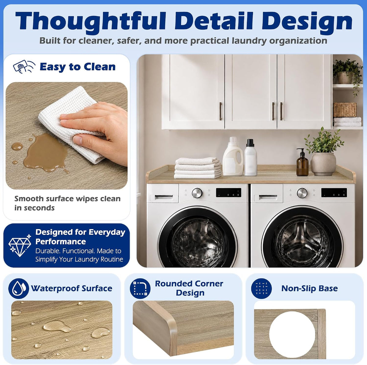 ROYXEN Washer Dryer Countertop, Laundry Countertop Solid Wood, Countertop for All Front-Loaded Washing Machine and Dryer, Extra Room for Laundry Room, White Oak