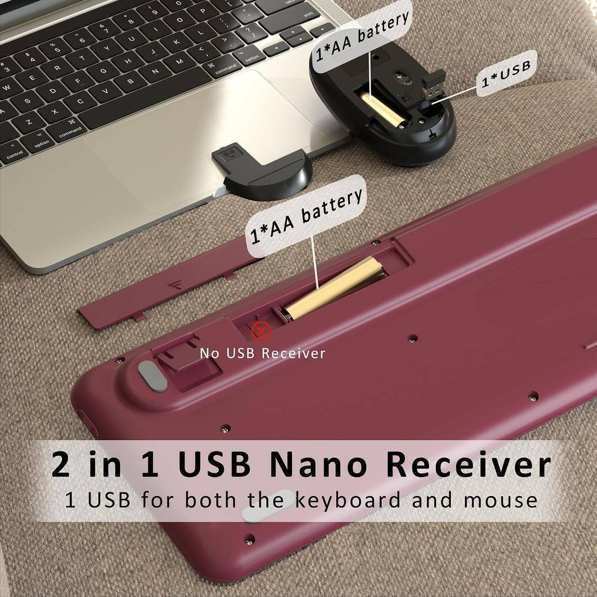 Retro Wireless Keyboard and Mouse Combo with Wrist Rest (Claret-Red)