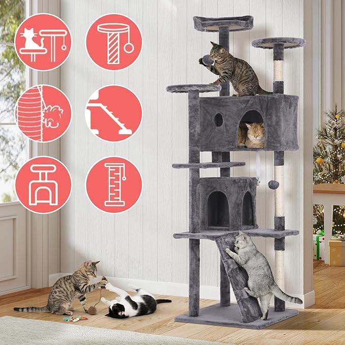 70in Cat Tree Cat Climbing Tower with Scratching Post, Cats House Perch Kitten Tree Condo Wood Playhouse, Pet Trees Tower for Indoor Cats, Light Gray