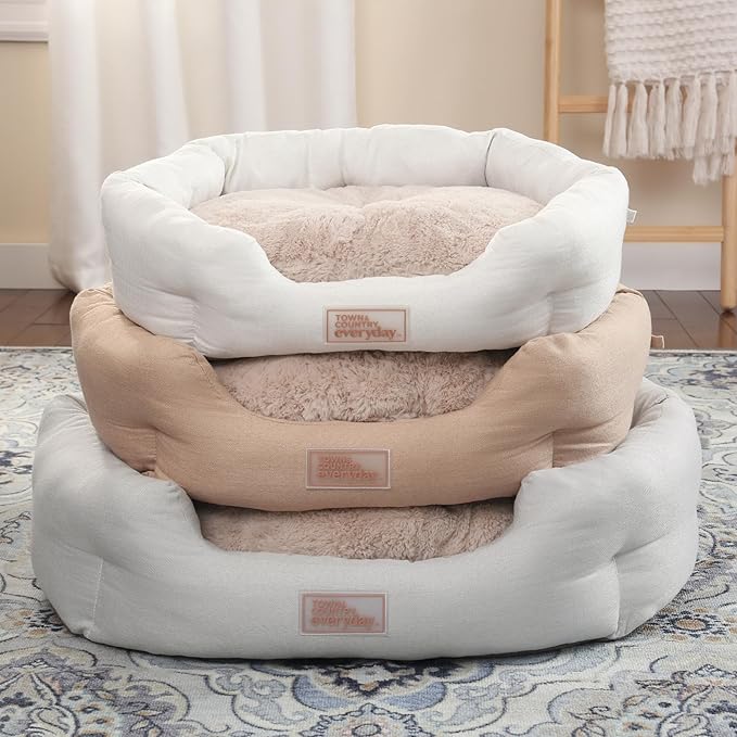 TOWN & COUNTRY EVERYDAY CuddleTown Faux Linen Comfy Cozy Cuddler Pet Bed, Supportive & Calming Egg Crate Foam, Non-Slip Bottom, Machine Washable Cover, Grey, Medium 28"x26"x8"