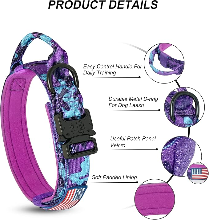 Hotsky Tactical Dog Collar and Leash Set, Heavy Duty Military Airtag Dog Collar with Handle and Metal Buckle for Training and Walking, with Airtag Holder and Two Patches (Purple Camo, XL)