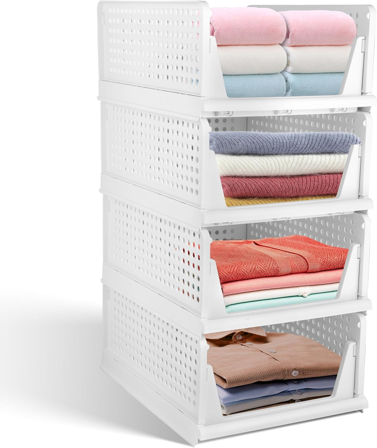 Whitmor Foldable Closet Storage Basket 4 Pack, Space-Saving & Stackable Clothes Storage Organizer, Heavy Duty & Multifunctional Plastic Drawer Shelves for Wardrobe, Kitchen, Bathroom, White