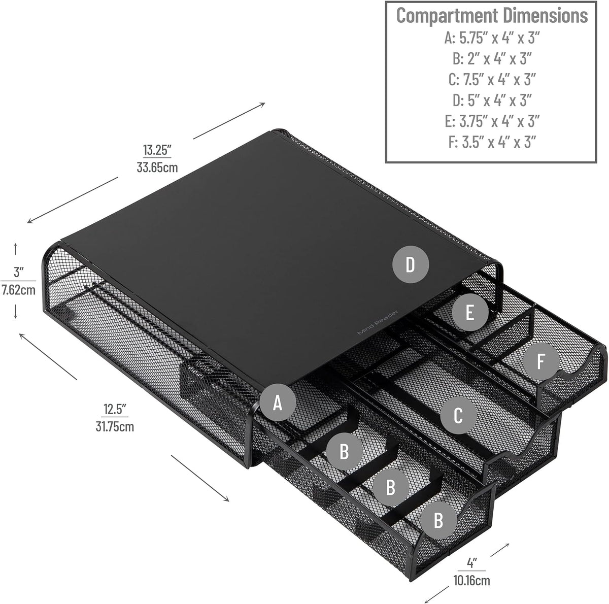Mind Reader Monitor Stand, Ventilated Laptop Riser, Desktop Organizer, Storage, Metal Mesh, 13.25"L x 12.5"W x 3"H, Black