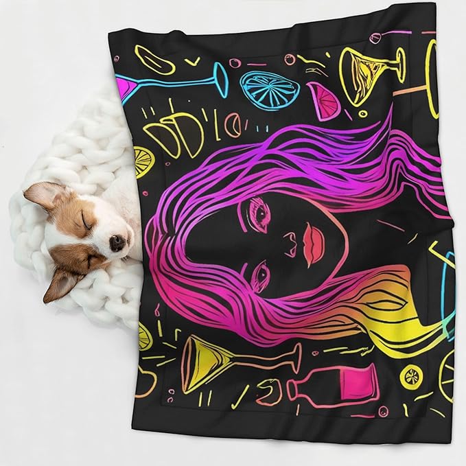 Waterproof Dog Blanket Soft Pet Blanket for Puppy Cat, Fleece Cat Throw Blankets for Furniture Bed Couch Sofa Reversible - Neon Bar Drinks