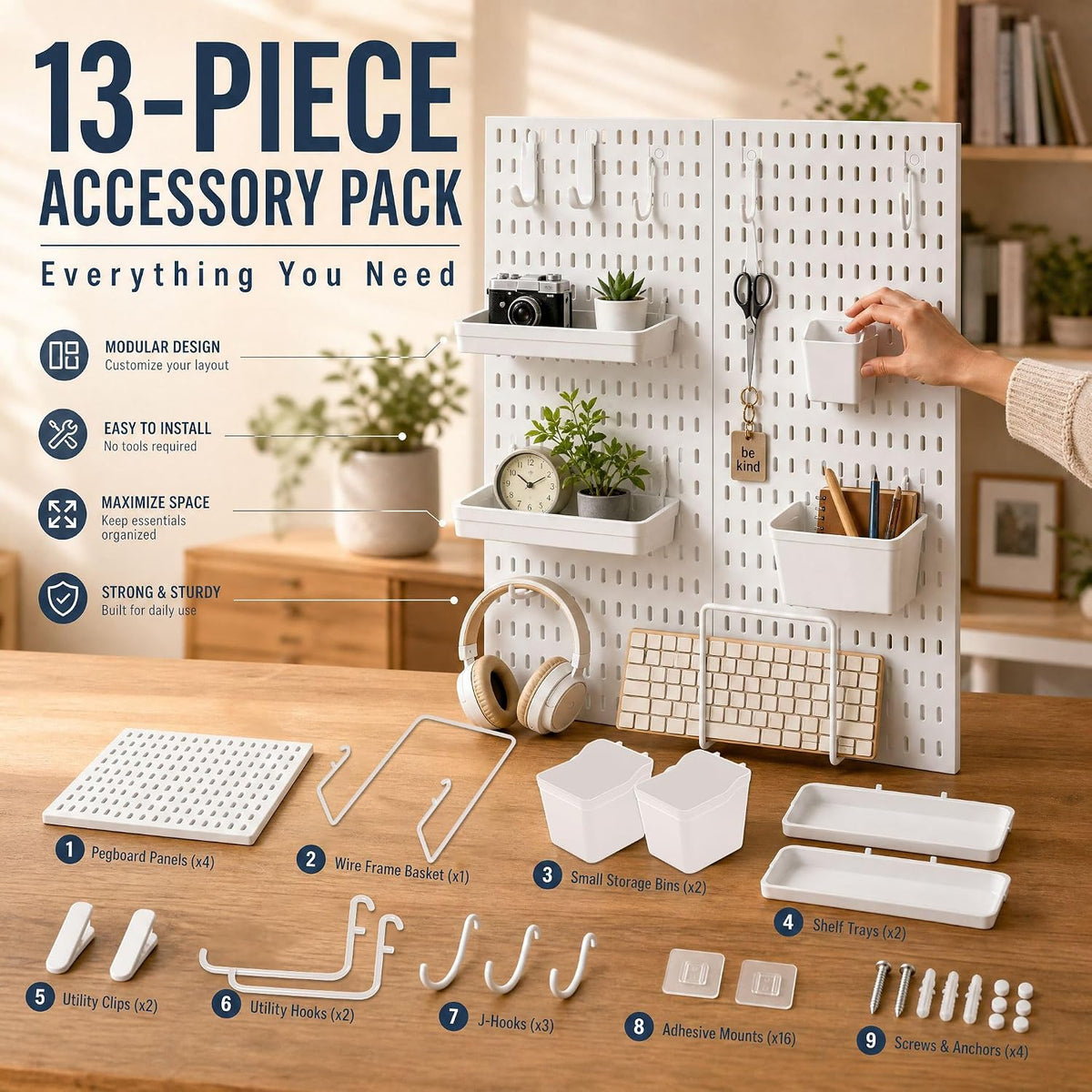 AKTOP Plastic Peg Board Wall Organizer 4-Pack, 12"x12" Pegboard Kit, White