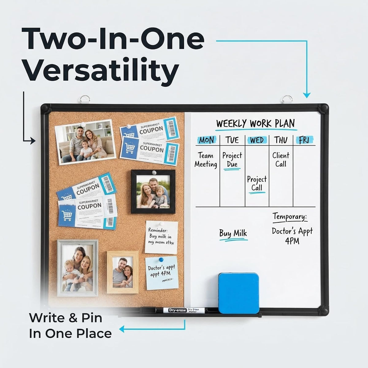 Magnetic White Board & Cork Board Combo, 24" x 18", Black