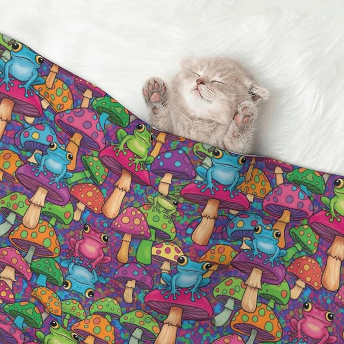 Pet Blanket for Couches and Beds, Watercolor Frogs Trippy Mushroom Cartoon, Reversible Double Sided Plush Design with Soft Bumpy Texture and Smooth Surface, Furniture Protector