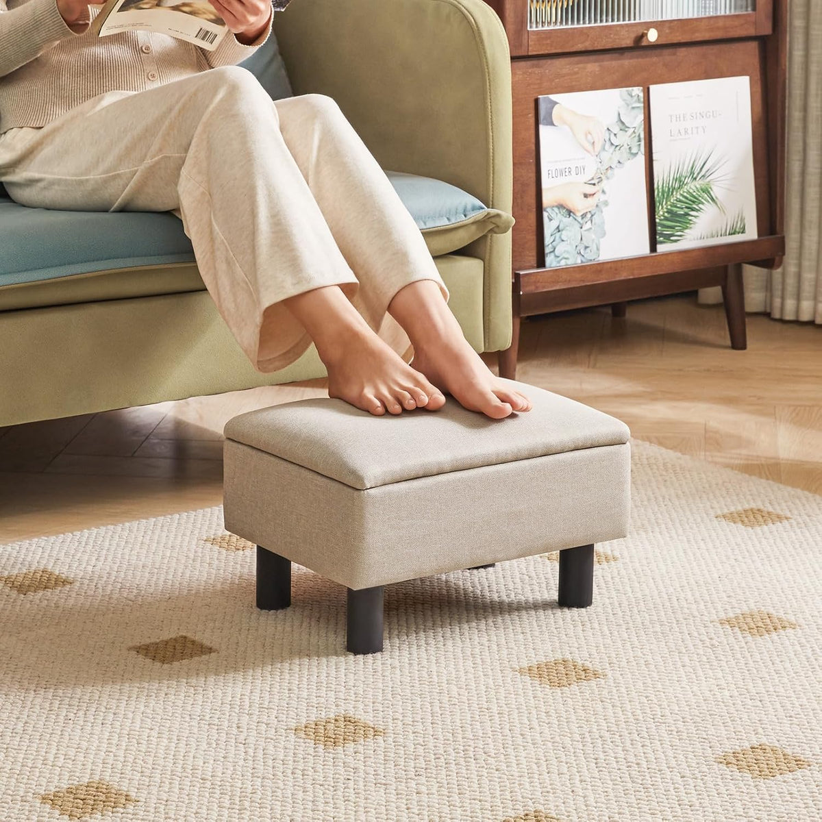 IBUYKE Storage Footstool Ottoman, Linen Fabric Footrest, Linen RF-BD223