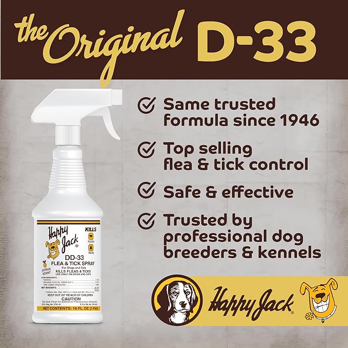 Happy Jack DD-33 (EPARN 2781-41) Flea and Tick Spray for Dog and Cat, Flea Treatment & Control, Water-Based Formula Kills Fleas & Ticks Effectively Yet Gentle on Skin & Hair, 16 oz