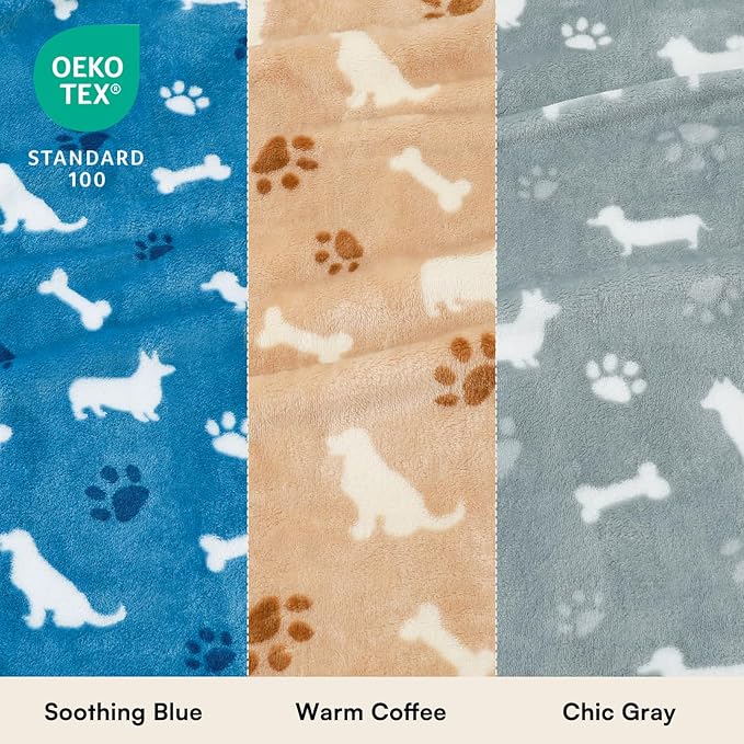 Luciphia 1 Pack 3 Blankets, Cute Dog Printed Fluffy Fleece Pet Blanket for Dogs Cats Washable, Warm Soft Throw Cover for Crate Couch, Gifts Puppy Essentials, Blue/Grey/Khaki, Medium (30x20 inch)