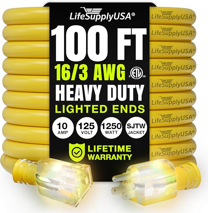 100ft Outdoor/Indoor Extension Cord 16/3 Gauge Heavy Duty 3 Prong SJTW, Waterproof, ETL Listed, Flexible Cold-Resistant Long Power Cord,10A 125V 1250W, Yellow by LifeSupplyUSA