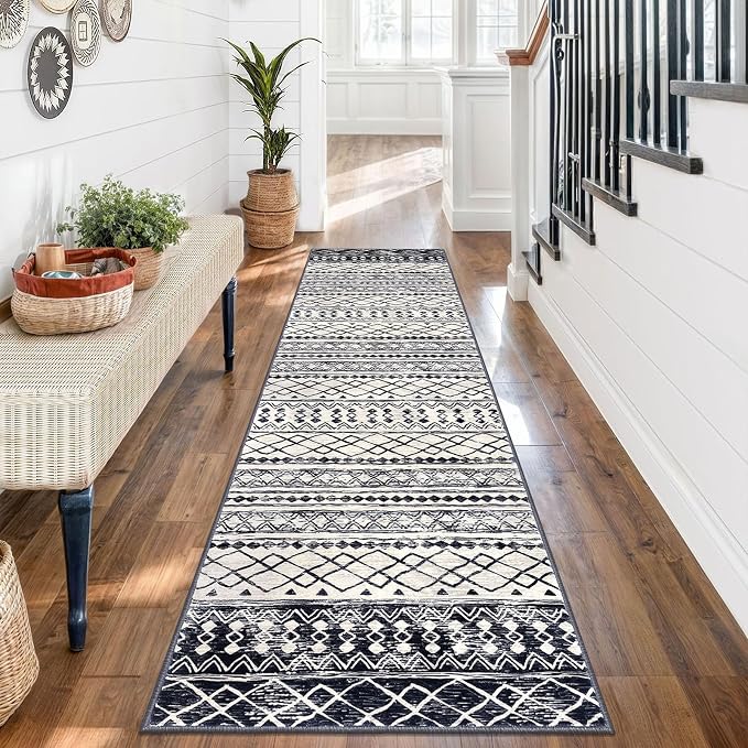 KUTA Moroccan Washable Kitchen Rug, 2x7 Non-Slip Vintage Black Navy Blue Boho