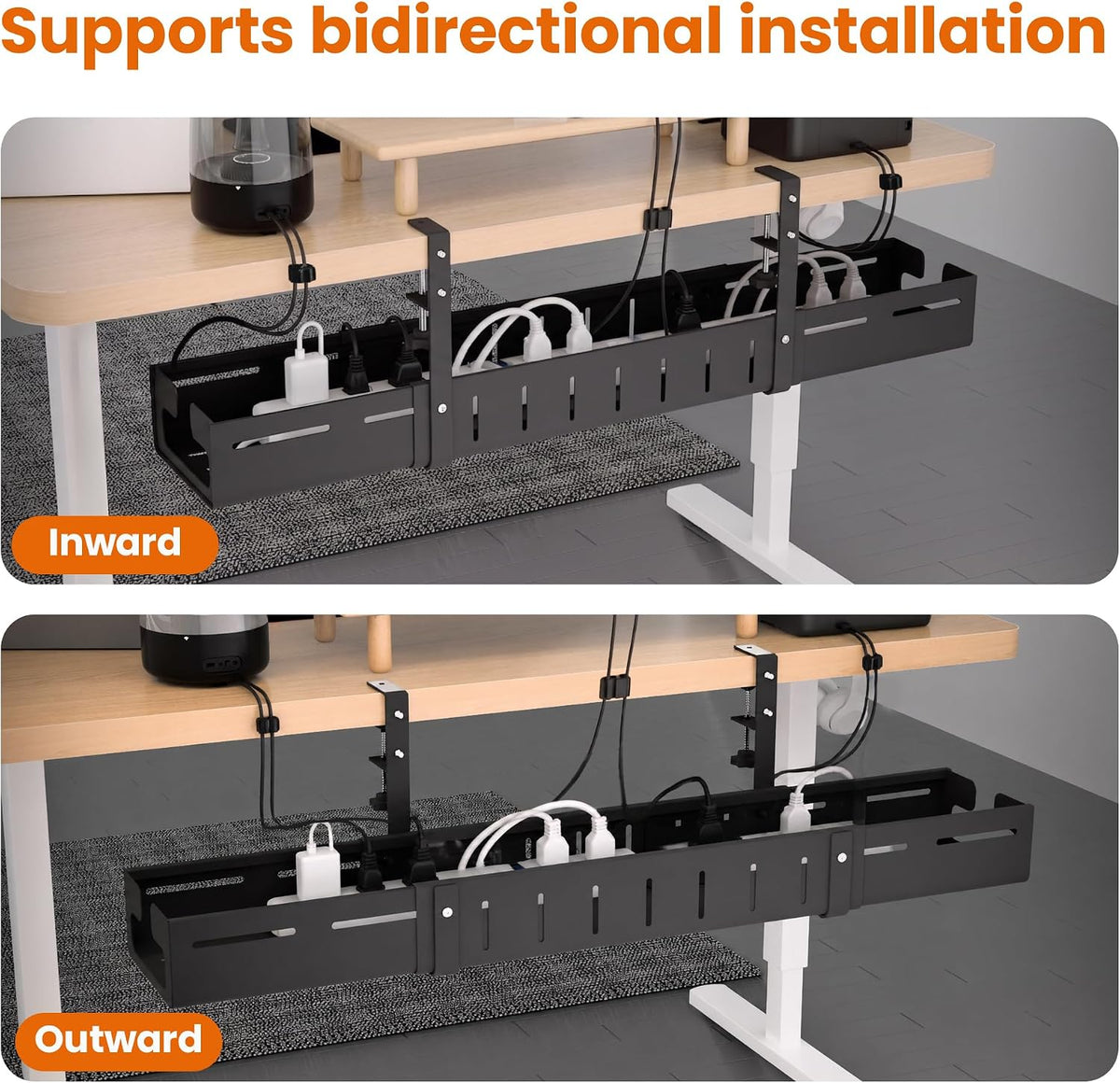 Under Desk Cable Management Tray-No Drill Clamp Moun，Expandable 25.2"–38.6"