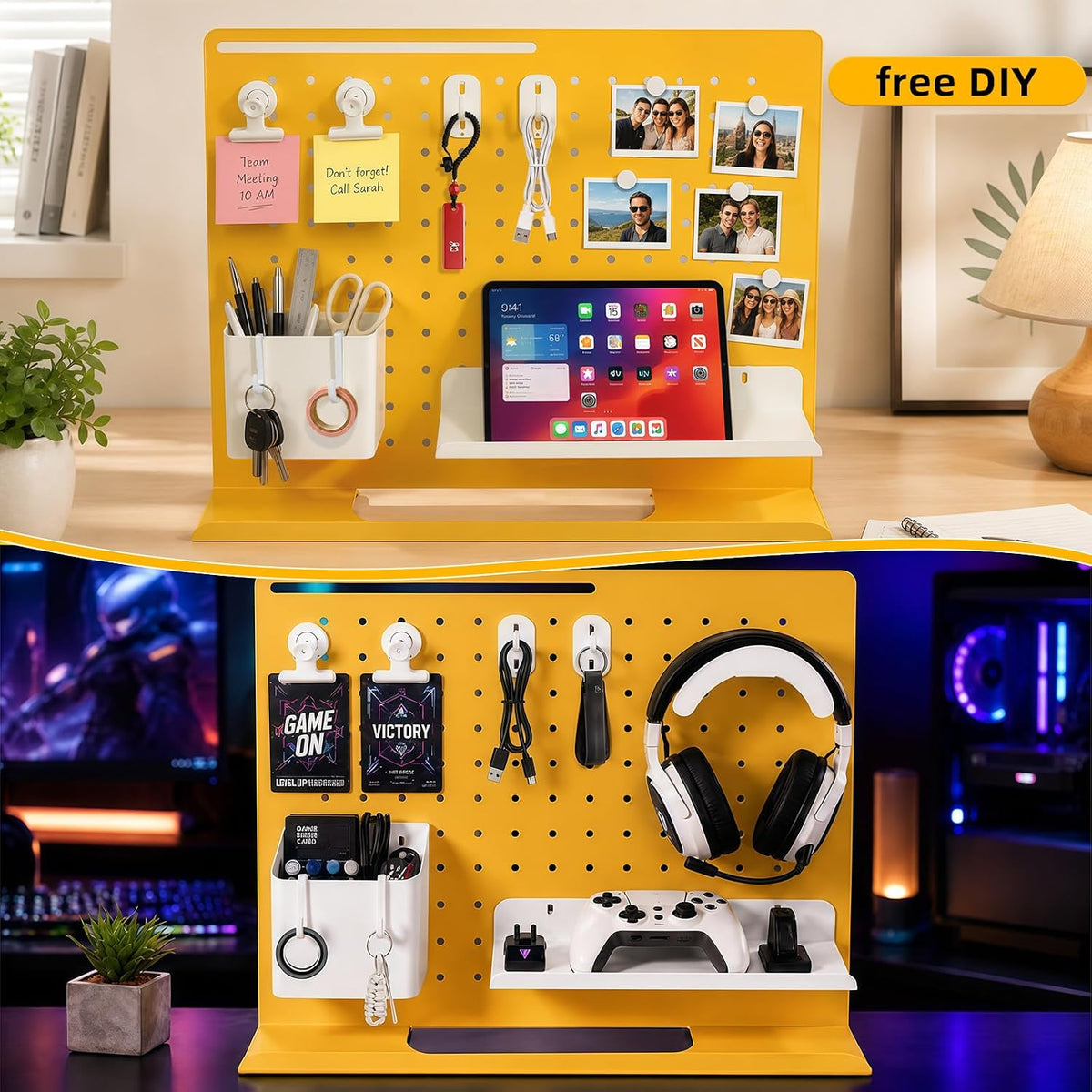 Metal Desk Pegboard Organizer, No Drill Modular Storage Kit 10 Accessories 15.8x11.8in White Yellow for Office Vanity