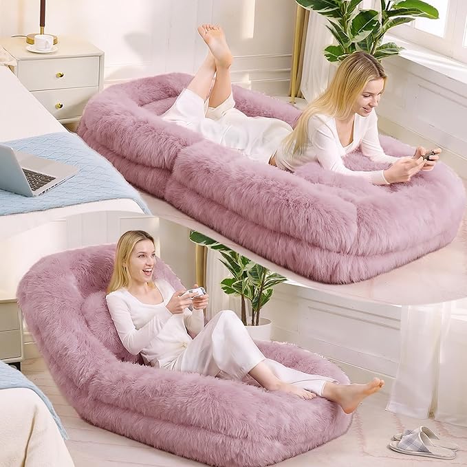 Human Dog Bed for Adult and Kids, Comfy Foldable Lazy Floor Sofa Bed with 5 Adjustable Position, Pink Upholstered Floor Bean Bag Lounger Chair for Bedroom, Living Room,Office (Pink)