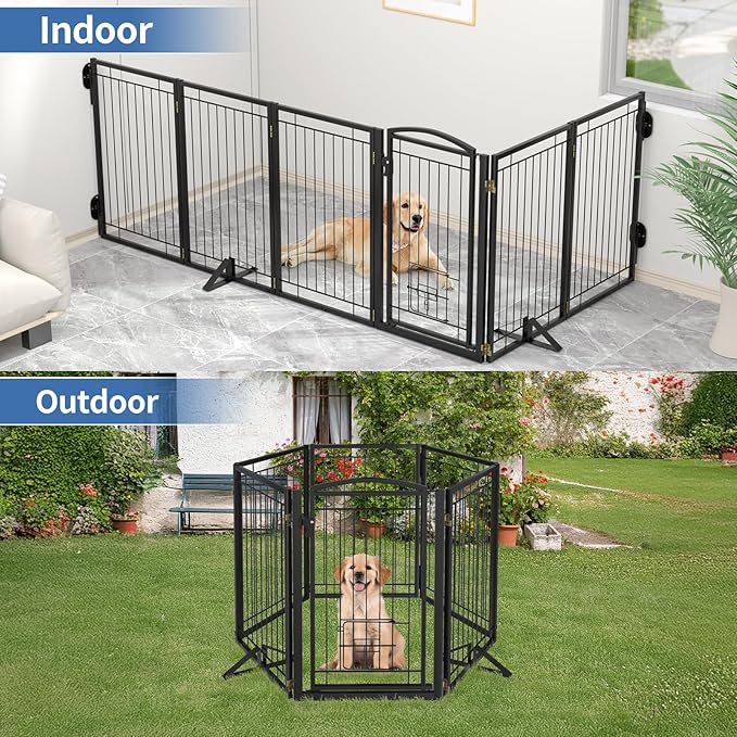 Metal Free Standing Dog Gate with Cat Door for Indoor/Outdoor,120" Extra Wide Foldable Pet Gate,32" Tall Foldable Indoor Dog Fence for Large Openings Stairs,Deck,Yard,Doorways(6 Panels,Black)