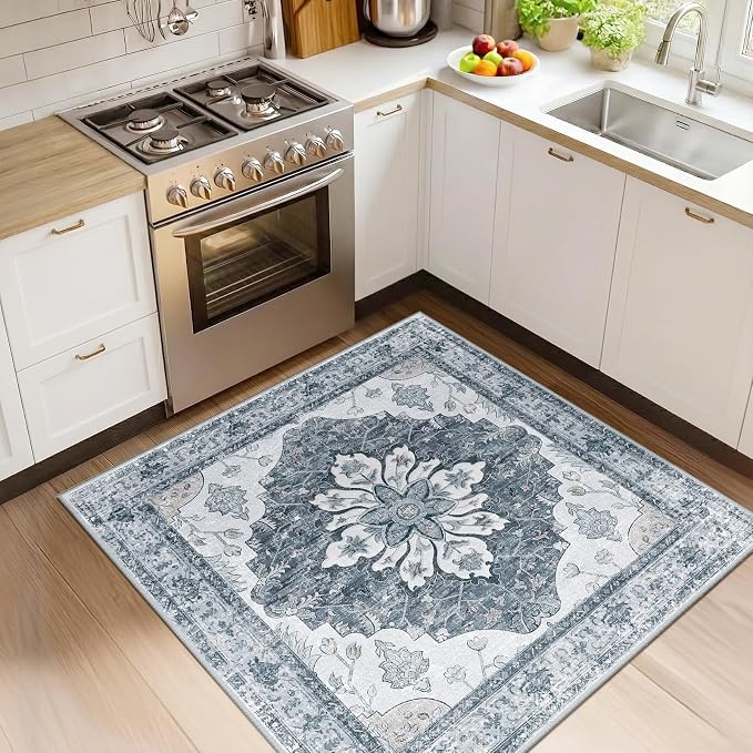 RELEANY Area Rugs Square 4ft Washable Non-Slip, Floral Vintage Distress