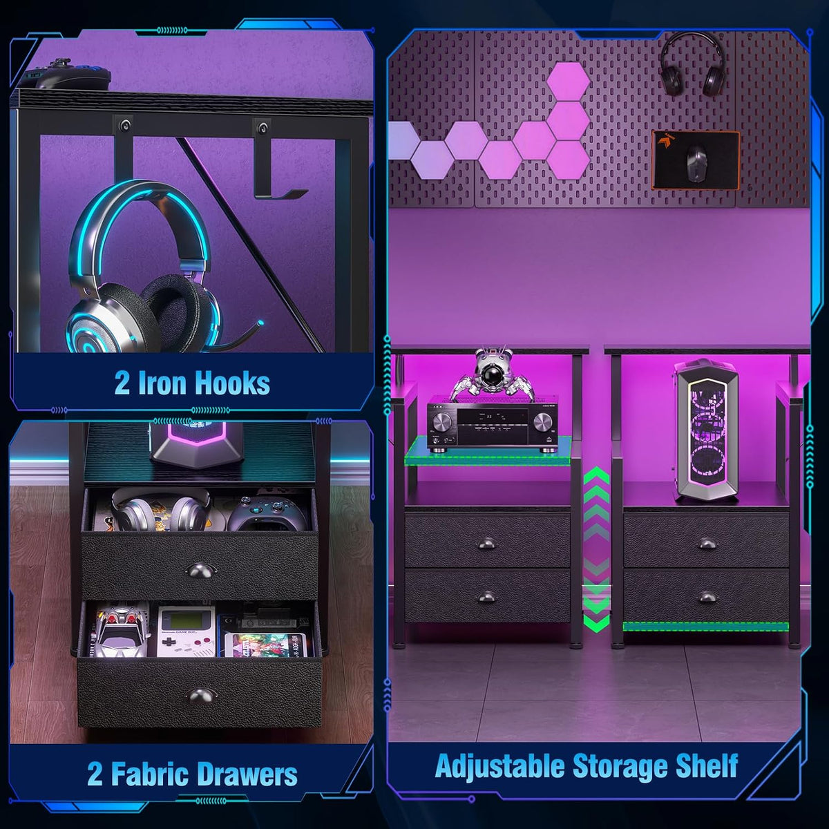 Korfile 66'' L Shaped Gaming Desk with Storage Drawers, Power Outlets, LED