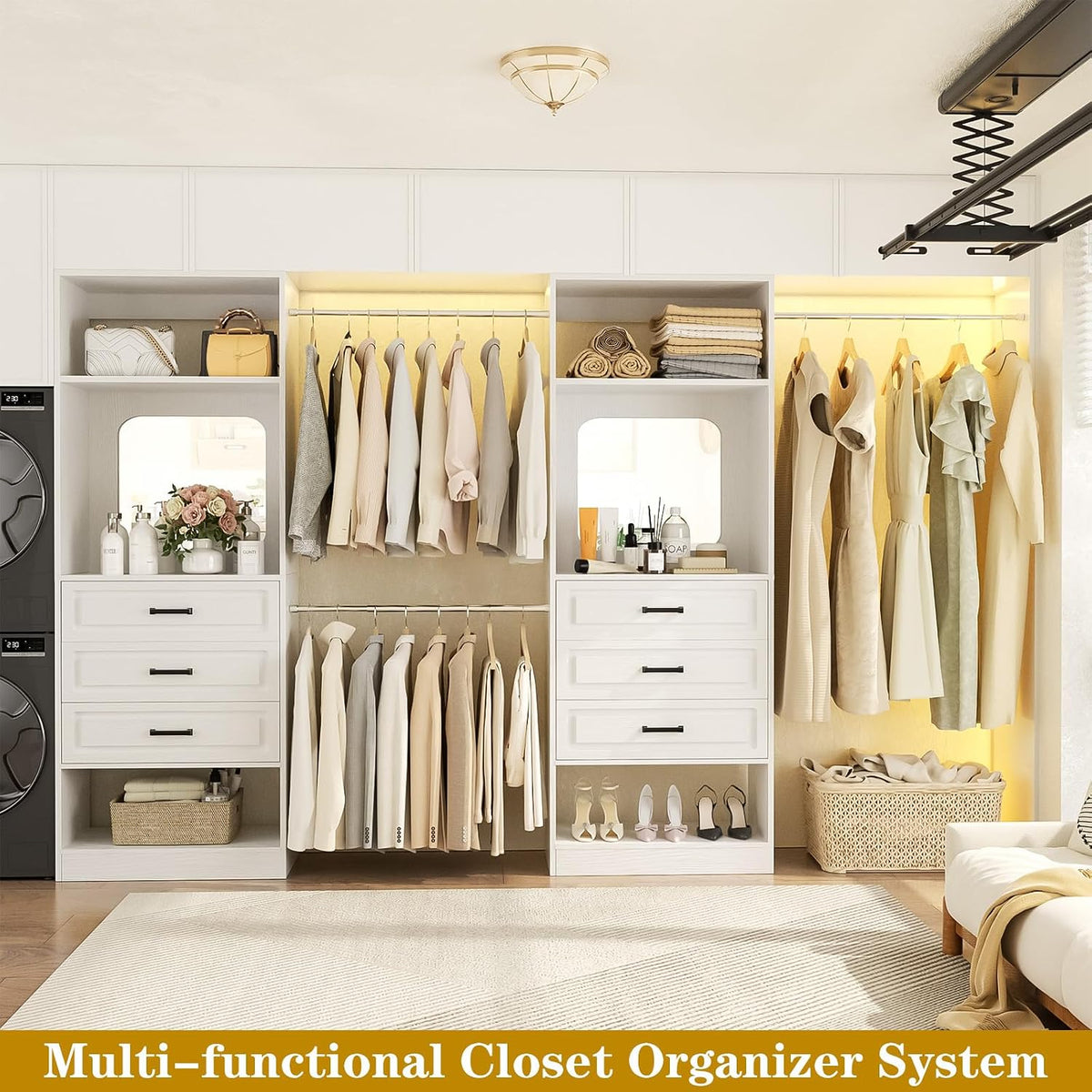 Unikito 6-14FT Wood Closet System with 6 Drawers and Mirror, White