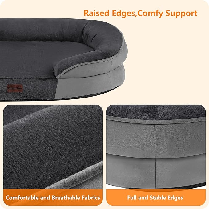 Dwanton Orthopedic Dog Bed for Extra Large Dogs with Gel Memory Foam, Waterproof Dog Sofa, Washable Pet Bed with Four Sided Bolster Cushion, Removable Cover & Non-Slip Bottom, 45", Dark Gray