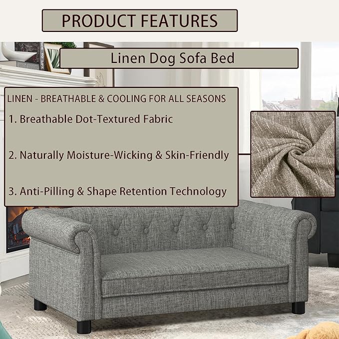 Elevated Rectangle Dog Sofa for Small & Medium Dogs - Comfortable Linen Fabric Dog Bed with Button Tufted Back, Durable Modern and Stylish Pet Bed for Living Room, Bedroom (Light Grey)