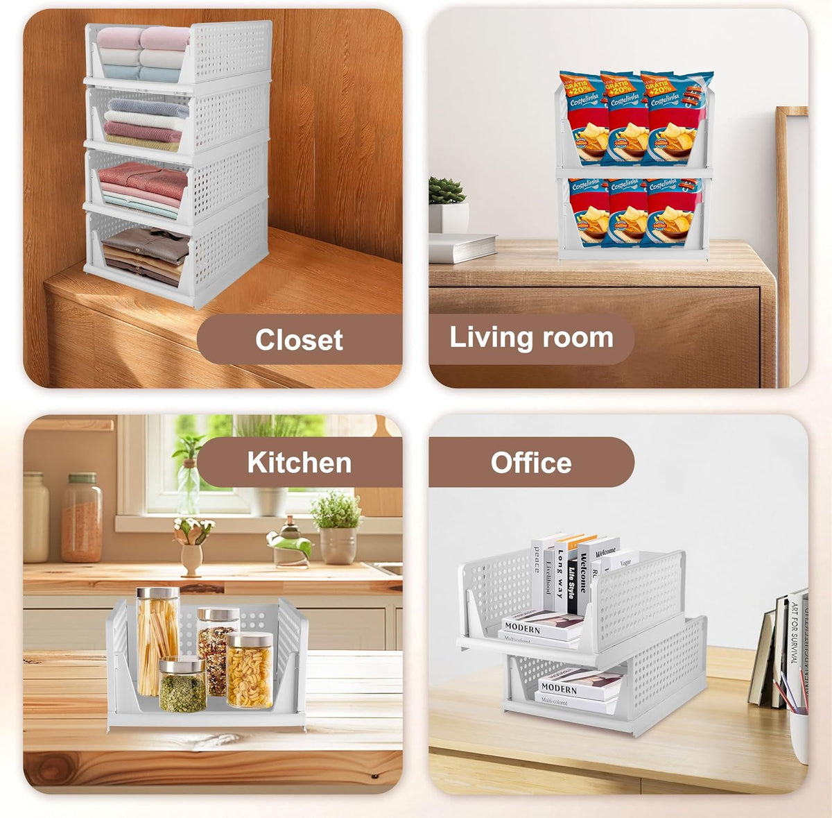 Whitmor Foldable Closet Storage Basket 4 Pack, Space-Saving & Stackable Clothes Storage Organizer, Heavy Duty & Multifunctional Plastic Drawer Shelves for Wardrobe, Kitchen, Bathroom, White