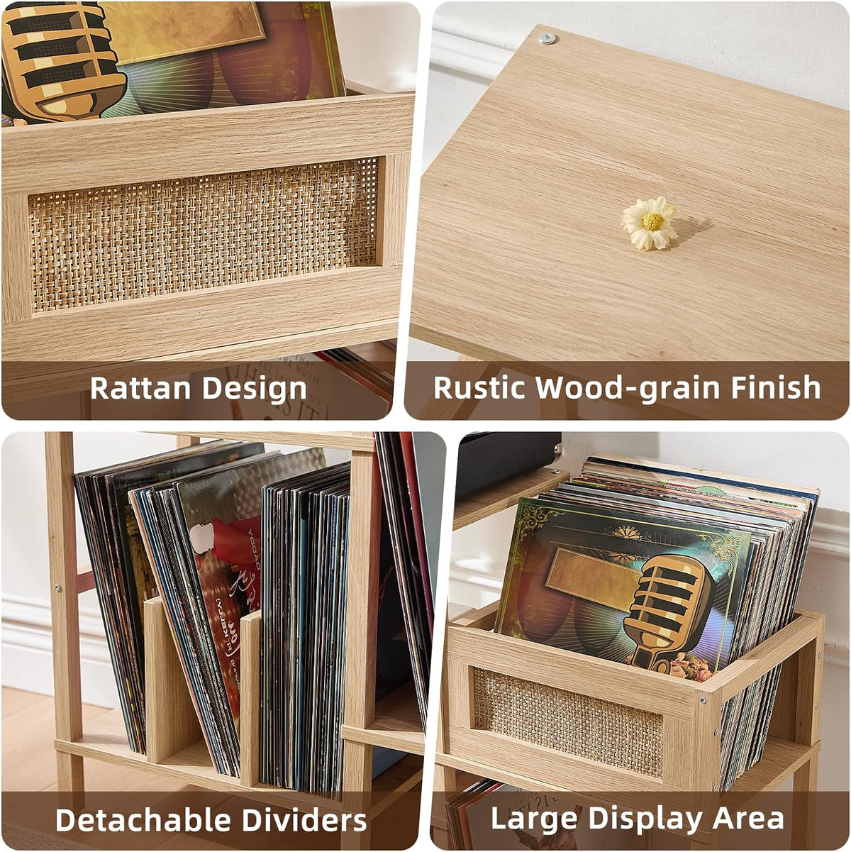LELELINKY Record Player Stand, Natural Oak Wood Record Holder with Vinyl Storage Holds up to 300+ Albums, 3-Tier Rattan Media Table with Vinyl Display Shelf, Record Storage Cabinet for Living Room