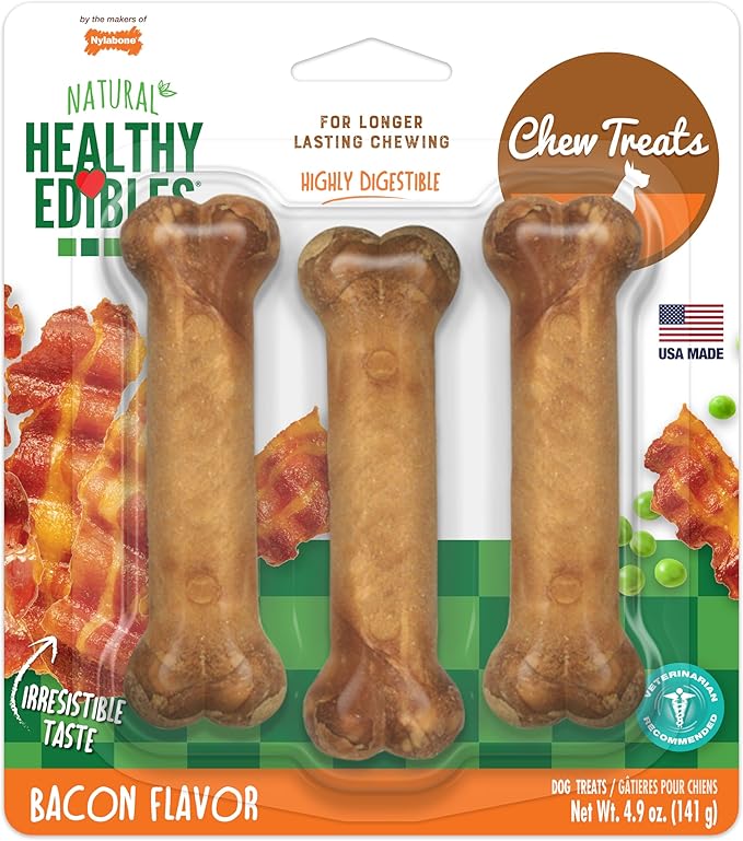 Nylabone Healthy Edibles Natural Dog Chews Long Lasting Bacon Flavor Treats for Dogs, Small/Regular (3 Count)