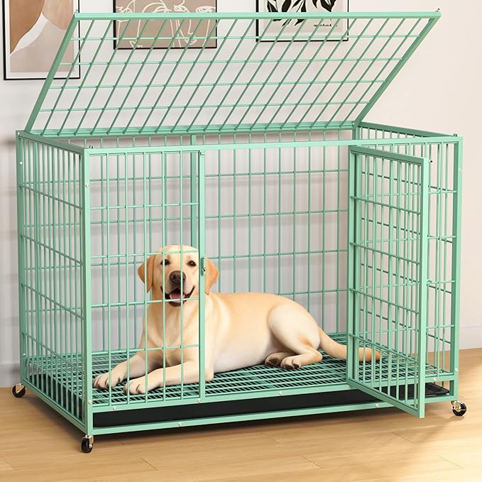 48 Inch Large Dog Crate, Escape Proof Dog Cage with Dual Door Lock and Swivel Casters,Removable Tray for Easy Cleaning, Dog Kennel Indoor Outdoor Use