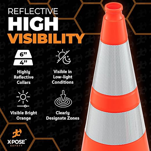 Xpose Safety 28 Inch Orange Traffic Cones Heavy Duty 10lb with 6" & 4" Collars, 24 Pack - Multipurpose PVC Plastic Safety Cone for Parking, Soccer, Caution, Kids and Construction - DOT Approved