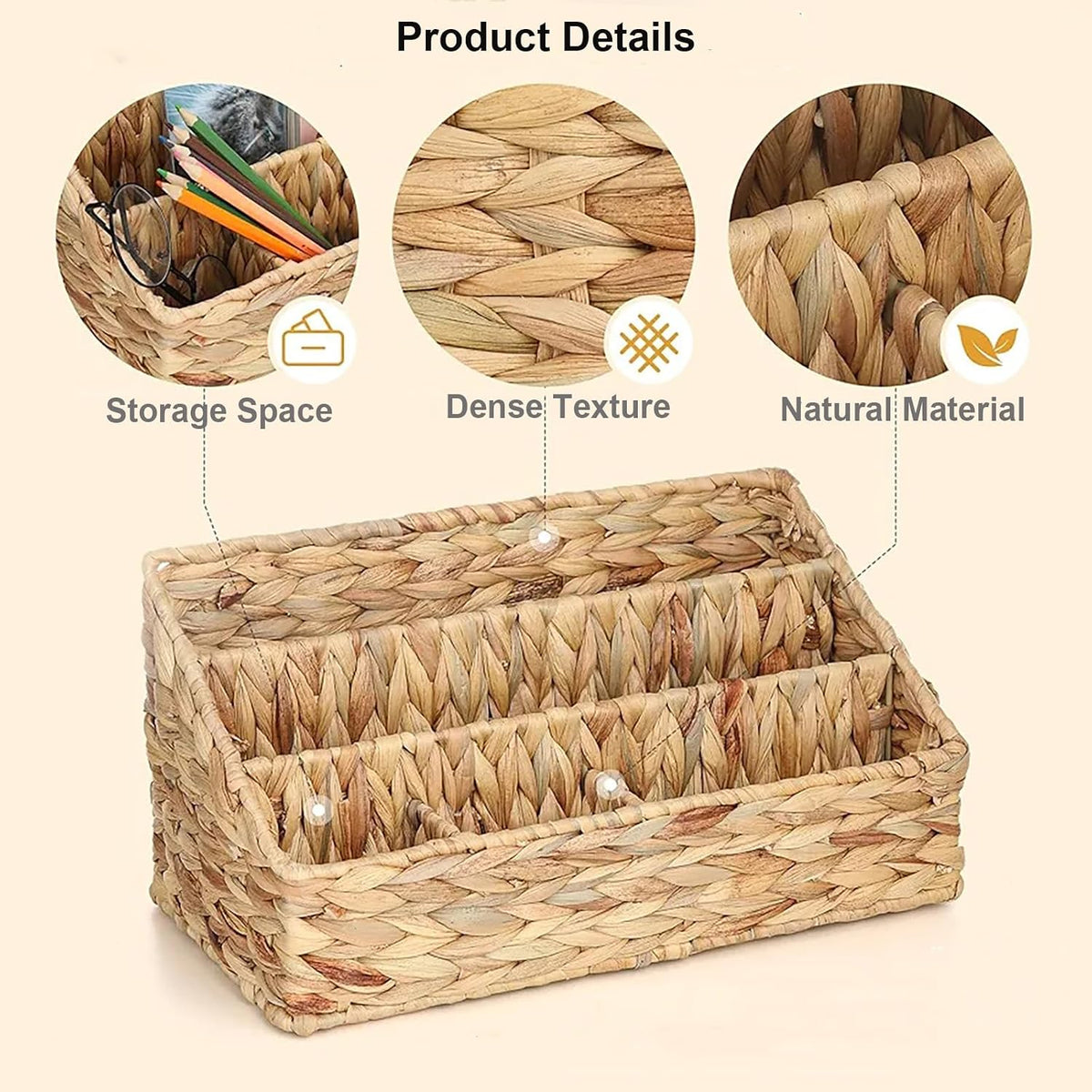 Desk Organizer – Countertop Mail Organizer, Magazine Holder, Boho Decor Water Hyacinth Desk Mail Holder for Home Office, Farmhouse, 12.6" L x 6.7" W x 6.3" H