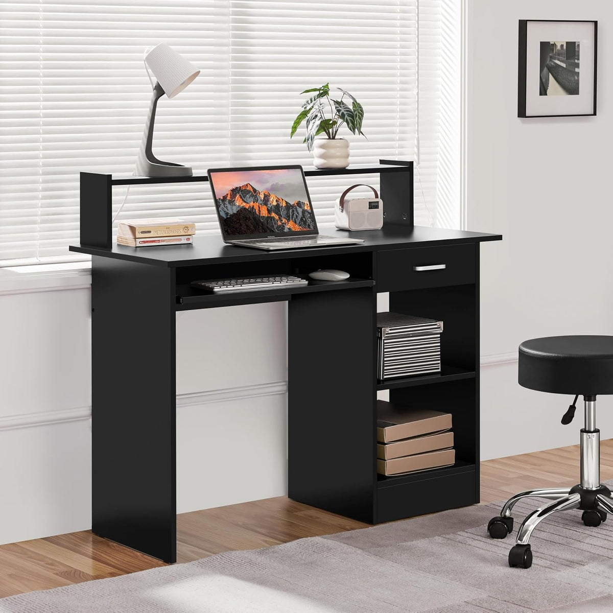 Yaheetech Computer Desk with Keyboard Tray, Drawers, and Shelves, Black
