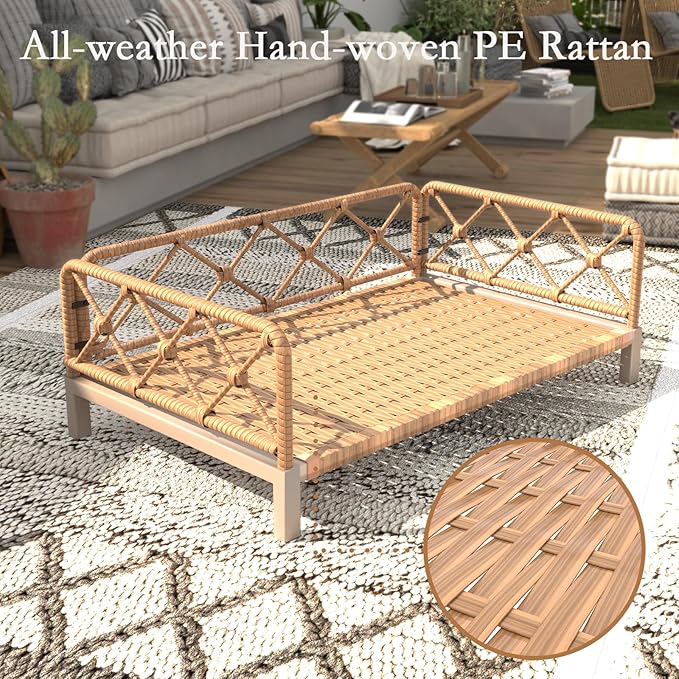 Outdoor Dog Bed, Elevated Dog Couch with Removable Cushion, Waterproof Rattan Wicker Orthopedic Indoor Raised Pet Sofa for Dogs, Cats, Pets (Brown)