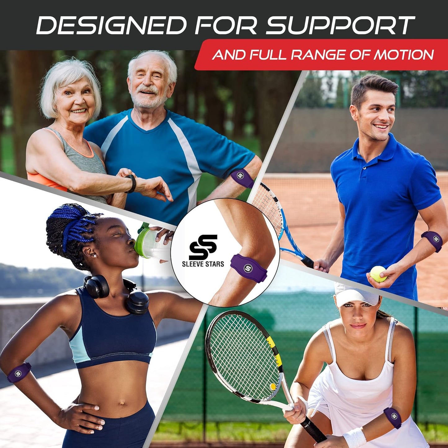 Sleeve Stars Tennis Elbow Brace for Women - Adjustable Tennis Elbow Strap, Golfers Elbow Brace for Men, Counterforce Brace for Tendonitis Relief, Fits 9"-23" (Single/Dark Purple)