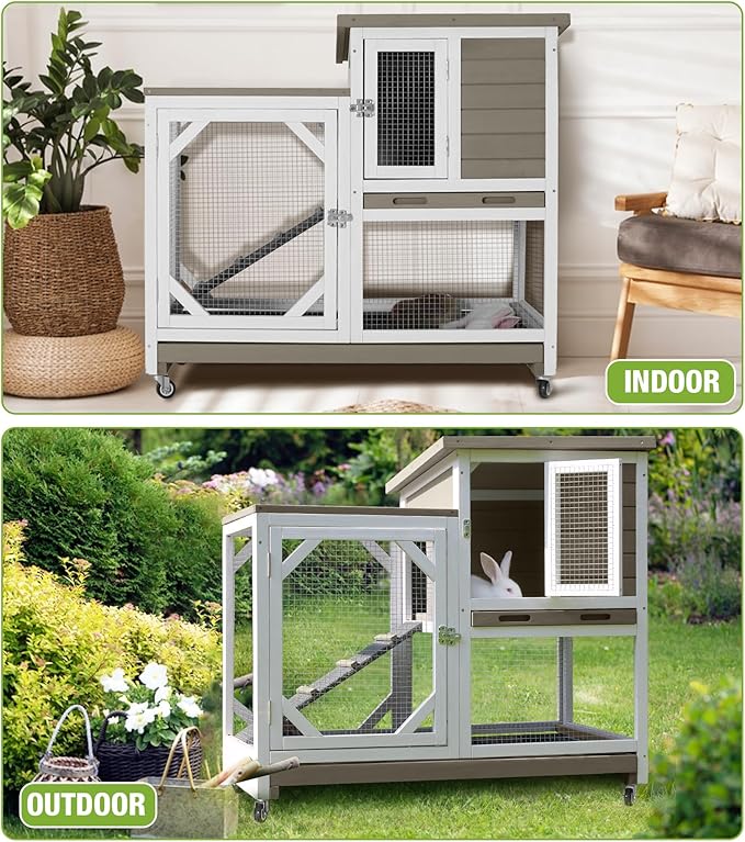 GUTINNEEN Rabbit Hutch Indoor and Outdoor, Rabbit Cage on Wheels with 2 Deep Pull Out Trays, Wooden Bunny Cage with Non-silp Ramp and Sliding Door, Mocca Color