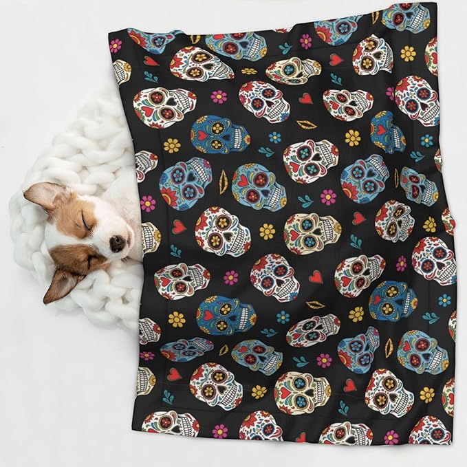 Double Sided Pet Mat for Dog Bed Topper Cat Blanket Furniture Protector, Day of The Dead Sugar Skull, Reversible Plush with Tactile Dot Pattern for Style Change