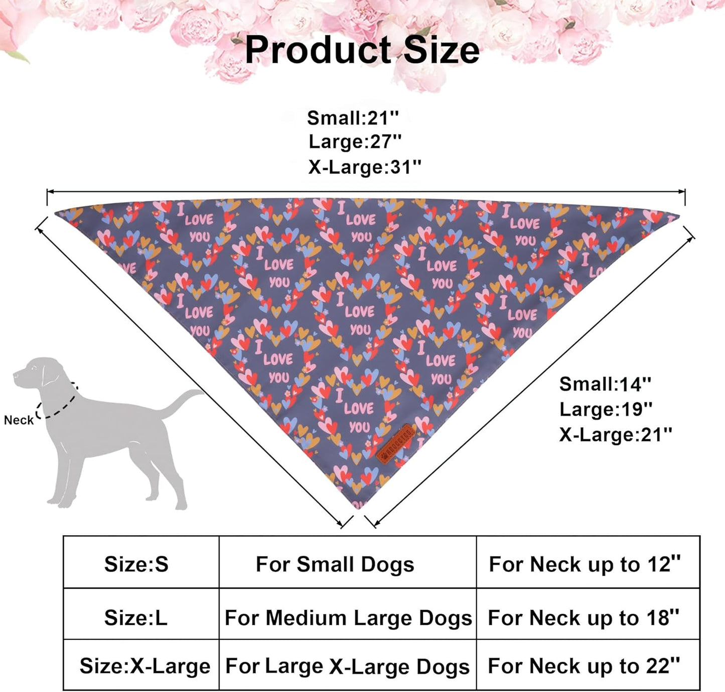 ADOGGYGO Valentine Dog Bandanas, Heart Love Floral Pet Scarf, Multi Size Offered, Pink Blue Pet Valentine Bandana for Medium Large Dogs (Large)