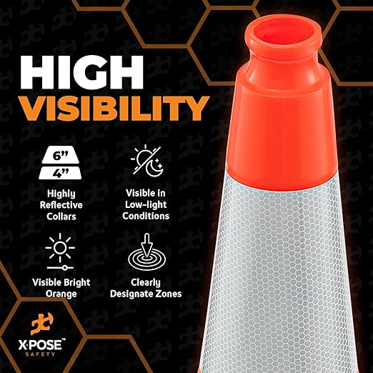 Xpose Safety 28 Inch Orange Slim Line Traffic Cones with 6" & 4" Collar - Bulk Half Pallet 150 Pack - Multipurpose PVC Plastic Safety Cone for Parking, Caution, Kids & Construction - DOT Approved