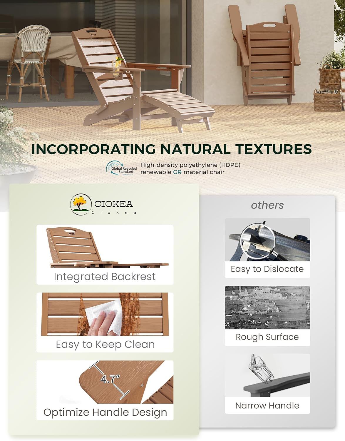 Ciokea HDPE Folding Adirondack Chair with Footrest,Teak,1