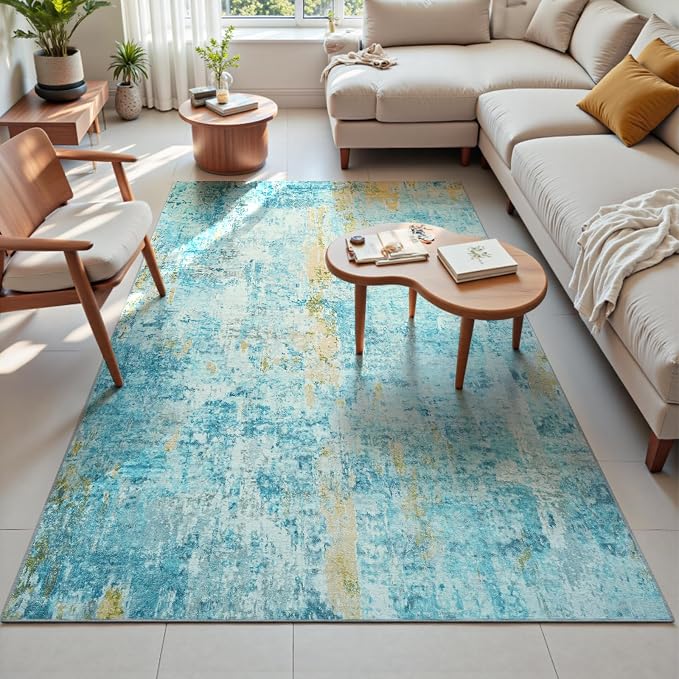 Ompaa Living Room Rug 5x7 Teal Blue Area Rug Machine Washable Boho Rug Non Slip