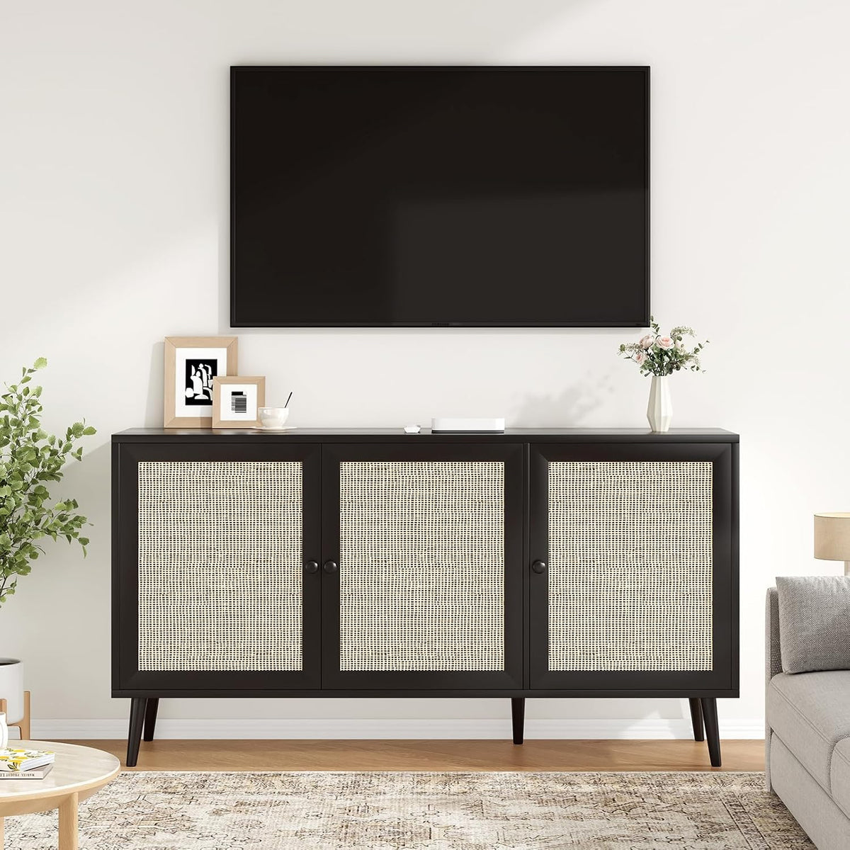 Farini Side Buffet Cabinet with Rattan Doors,Kitchen Sideboard Coffee Bar Storage Console Table,Black,59.1 inch