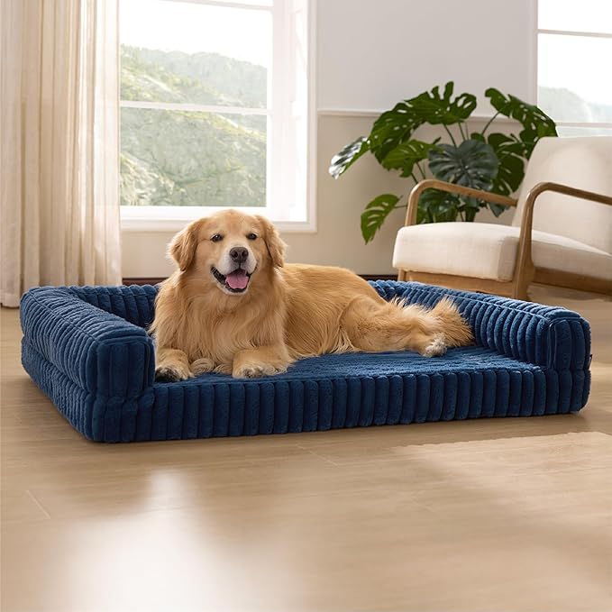 Bedsure ComfyFleece Orthopedic Dog Bed with Waterproof Dog Blanket for XL Dogs, Blue
