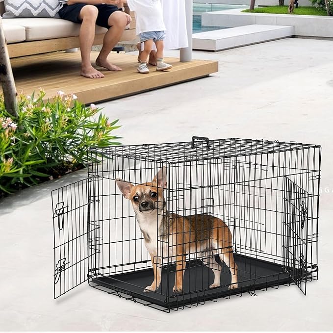 BestMassage Dog Crate Dog Kennel Cage with Double Door,24 inch Folding Metal Wire Dog Cage with Removable Tray&Divider Panel,Pet Crate for Small Dogs,Black