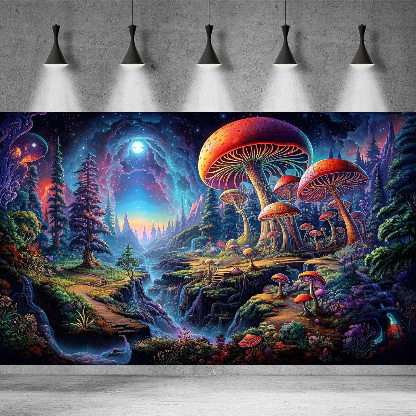 Forest Aquarium Background Fantastic Cartoon Forest Landscape with Mushrooms and Flowers Terrarium Background Fantasy Pine Tree Mysterious Mushroom Theme Fish Tank Backdrop Poster Decor 60x24in
