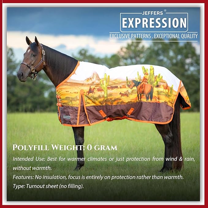 Jeffers Expression 1200 Denier Standard Neck Turnout Sheet, Cattle Drive, 69"- Waterproof, Breathable Horse Sheet with 0g Polyfill, No Insulation, Ideal Protection for Wind & Rain, Lightweight